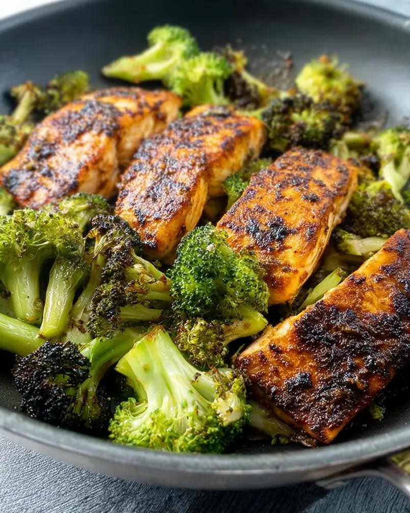 Amazing Chili Lime Mahi-Mahi with Blackened Broccoli 3 Mahi-Mahi fillets cooking in a skillet alongside blackened broccoli on a baking sheet