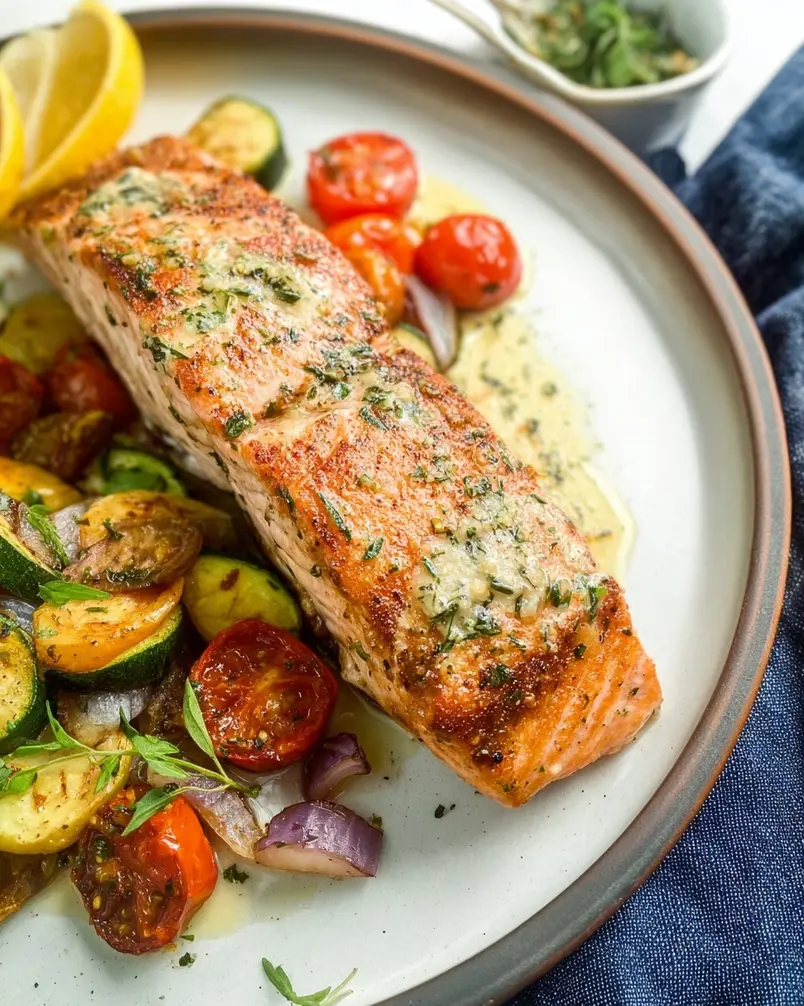 Quick & Easy But Healthy Crispy Salmon with Herb Butter 3 Cooking process image: Searing salmon in a pan until crispy.