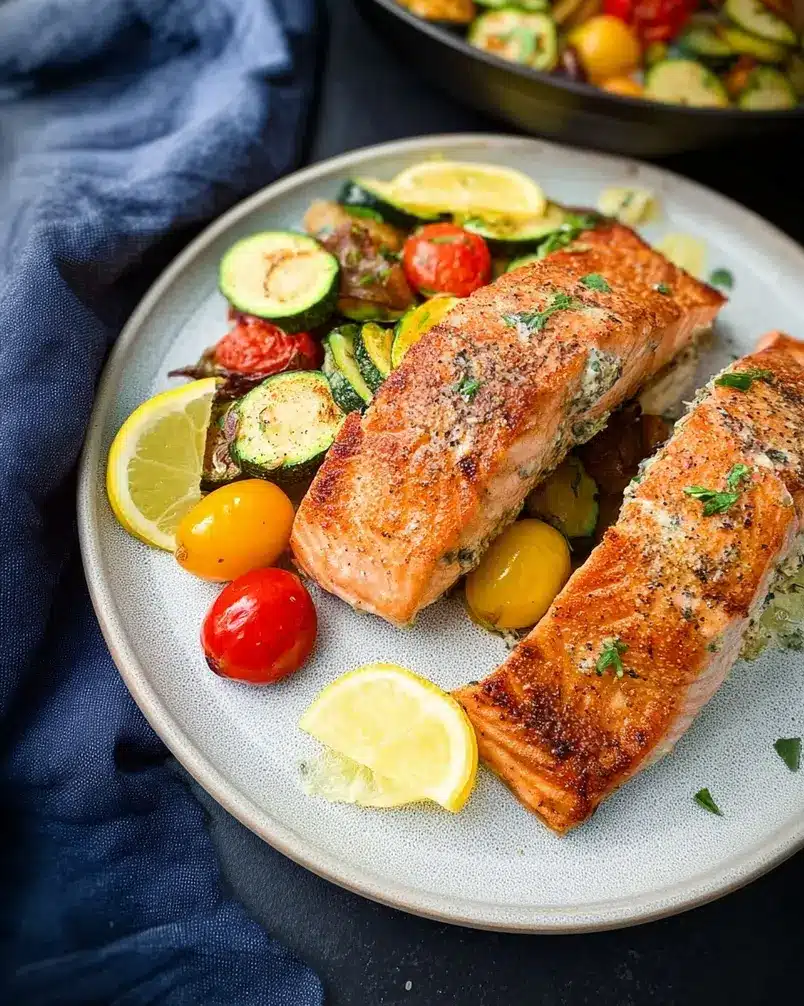 Quick & Easy But Healthy Crispy Salmon with Herb Butter 2 Recipe preparation image: Salmon fillets with fresh herbs and butter, ready to be cooked.
