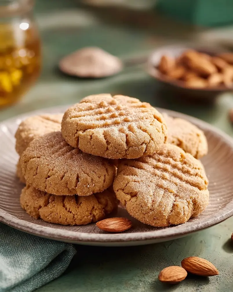Low-Carb Almond Cinnamon Butter Cookies 2 Assorted Low-Carb Almond Cinnamon Butter Cookies on a baking sheet after baking